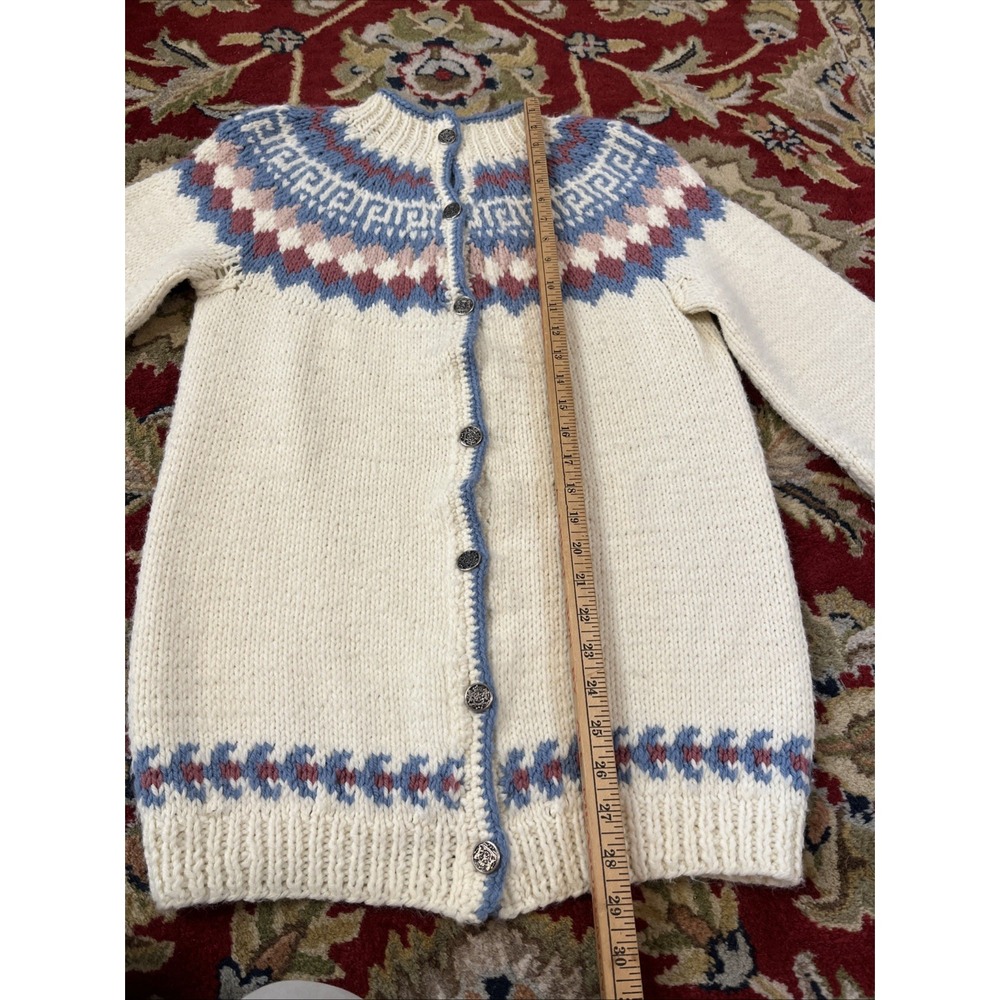 Women's M Ivory Hand Knit Fair Isle Scandinavian Cardigan Sweater Acrylic Wool - Picture 5 of 14